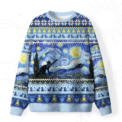 Purplehecate Witch Cat Under the Starry Night Fuzzy Ugly Christmas Sweatshirt