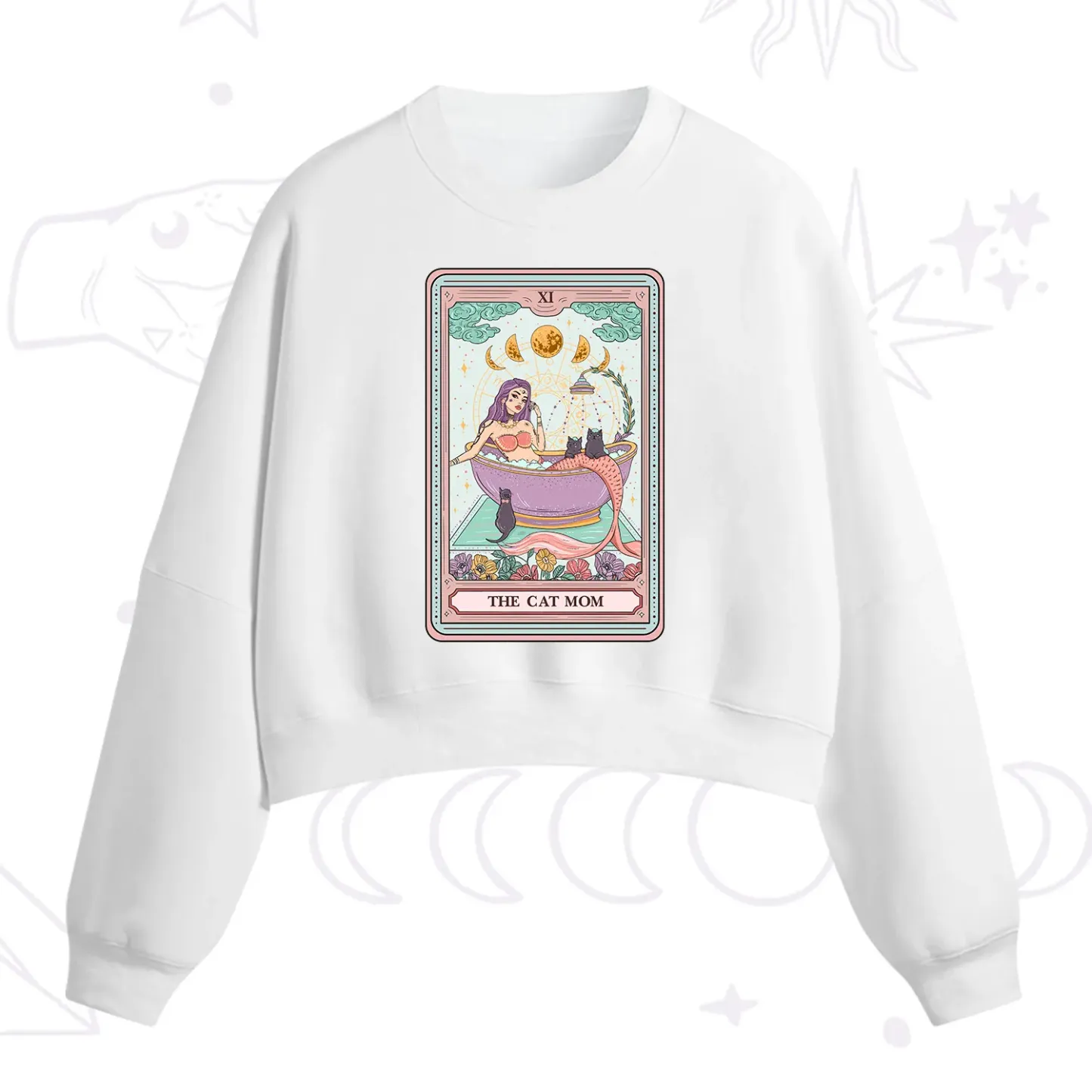 Purplehecate The Cat Mermaid Mom Tarot Card Fleece Cropped Sweatshirt
