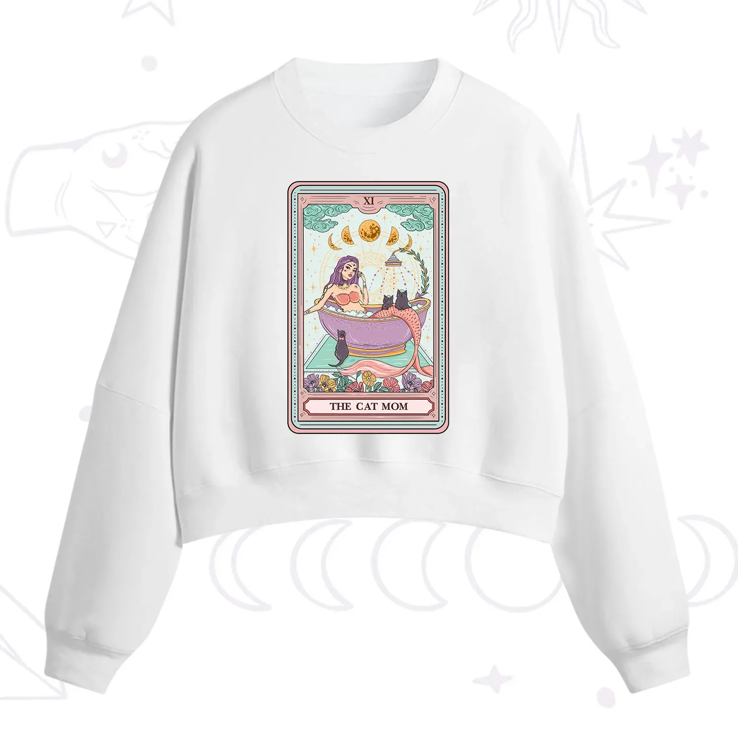Purplehecate The Cat Mermaid Mom Tarot Card Fleece Cropped Sweatshirt