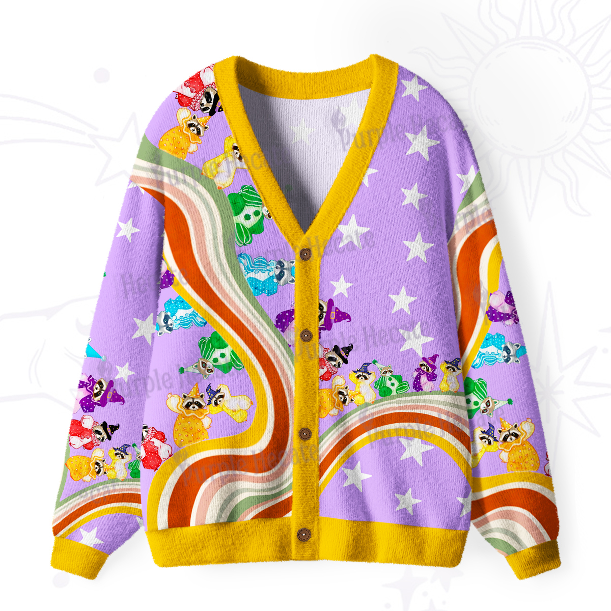 Purplehecate Rainbow Raccoon Star Ugly Cardigan Sweaters