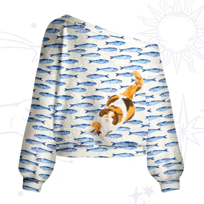 Purplehecate Cat Chasing Fish One Shoulder Sweaters