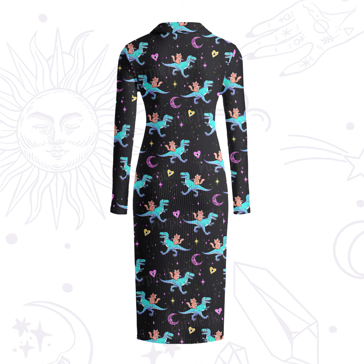 Purplehecate Witch Cat Rides the Dino Ribbed Knit Dress
