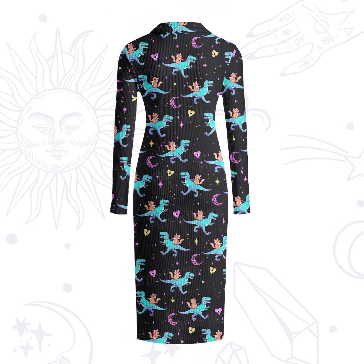 Purplehecate Witch Cat Rides the Dino Ribbed Knit Dress