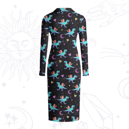 Purplehecate Witch Cat Rides the Dino Ribbed Knit Dress