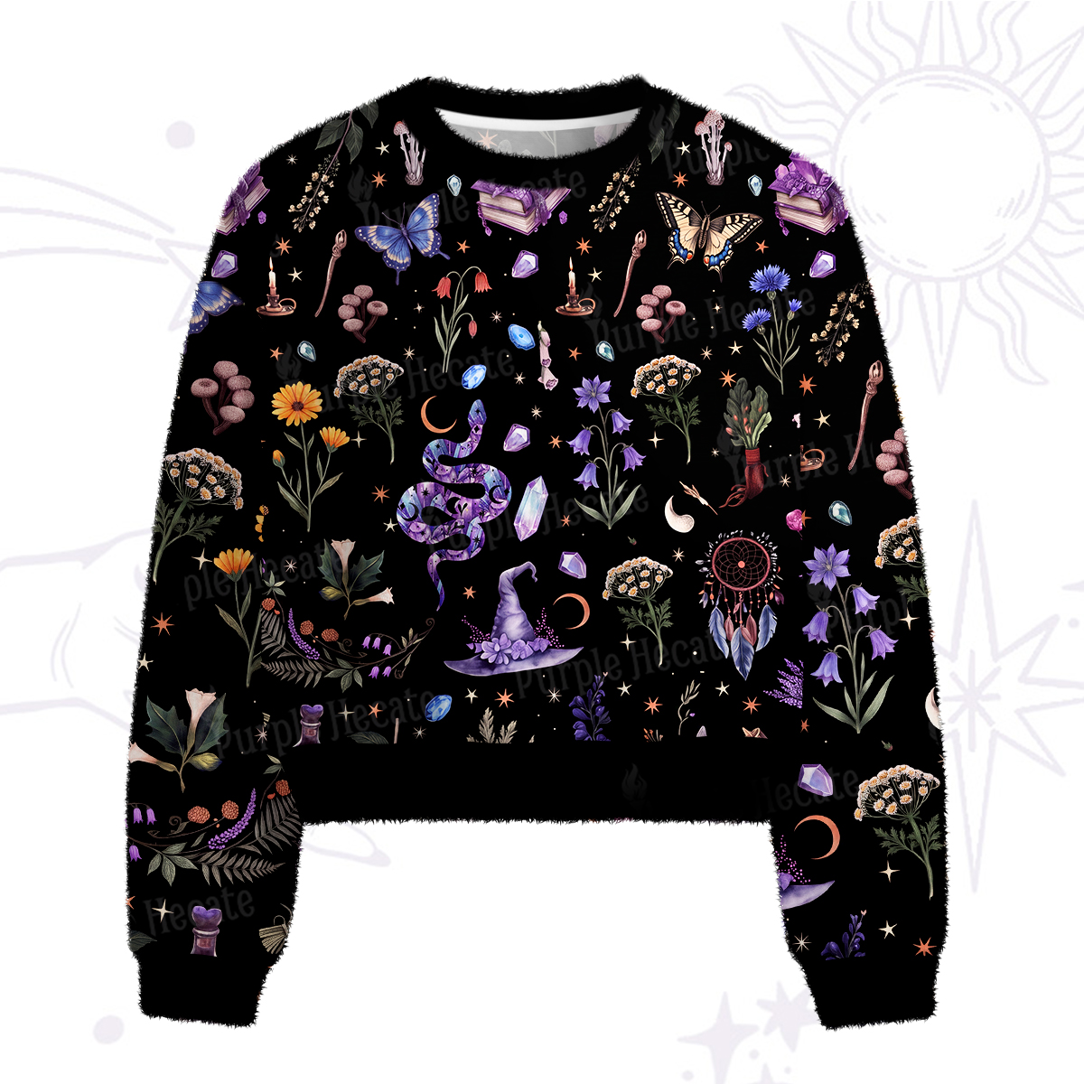 Purplehecate Witchcraft Herbarium Magic Fuzzy Crewneck Sweater