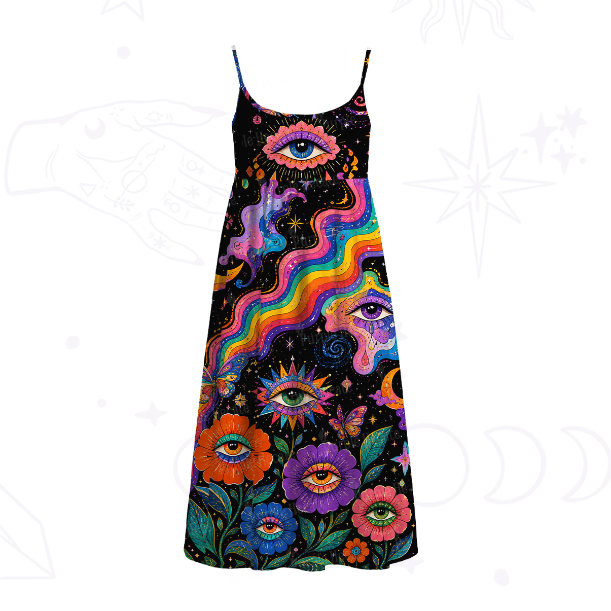 Purplehecate Groovy Hippie Flower Eyes Spaghetti Strap Midi Dress