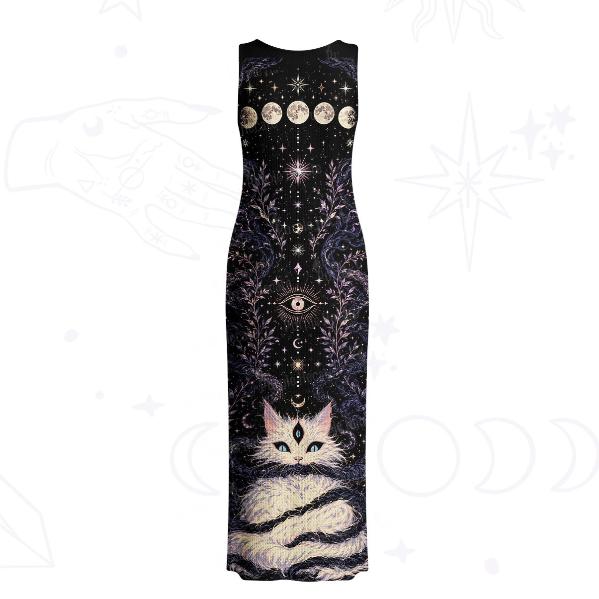 Purplehecate Moon Phase Oracle Cat Crochet Knit Maxi Dress