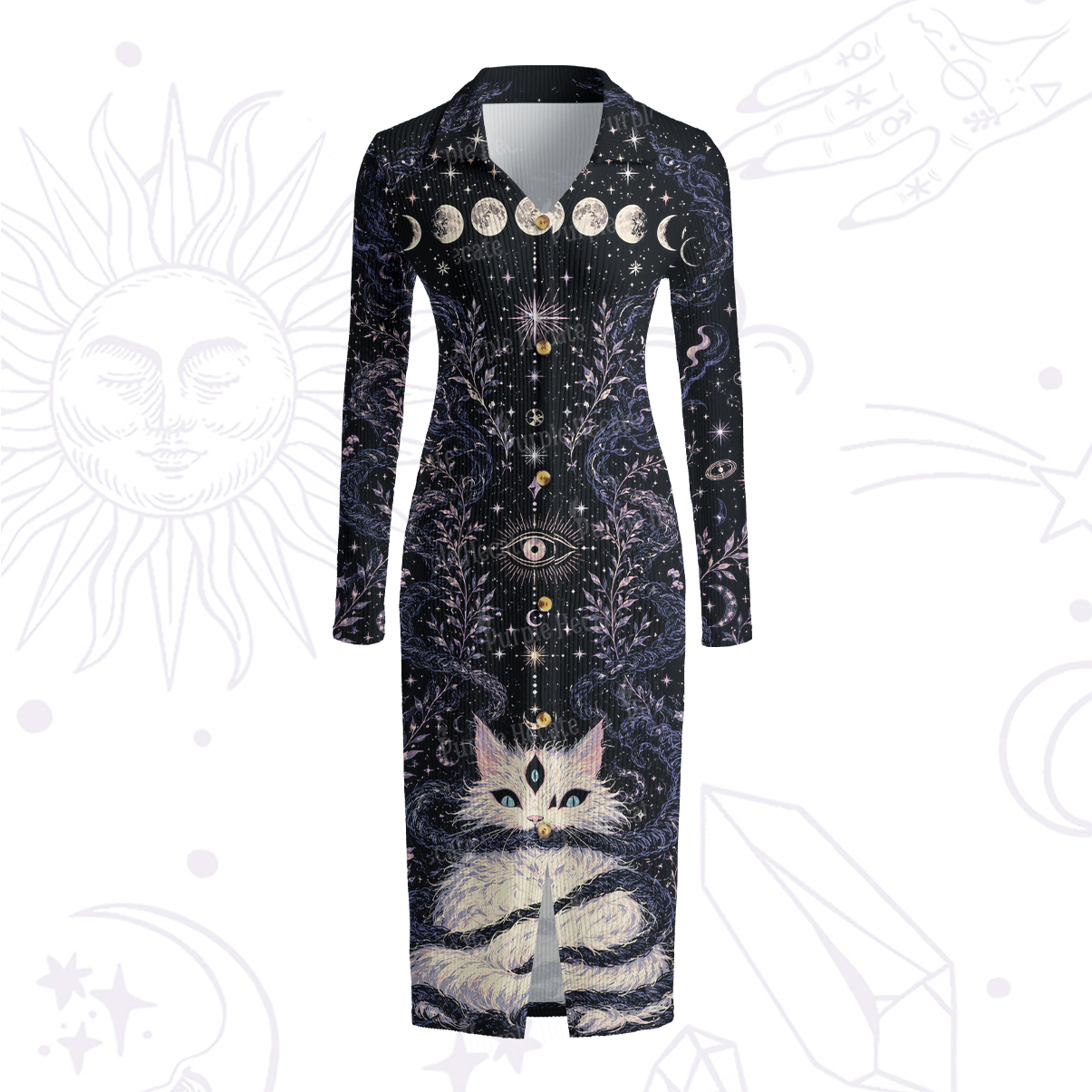 Purplehecate Moon Phase Oracle Cat Ribbed Knit Dress