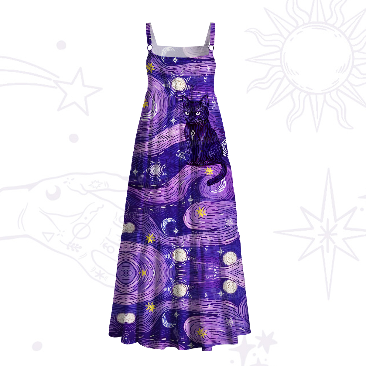 Purplehecate Mystic Cat Beneath the Cosmic Veil Wide Straps Maxi Dress