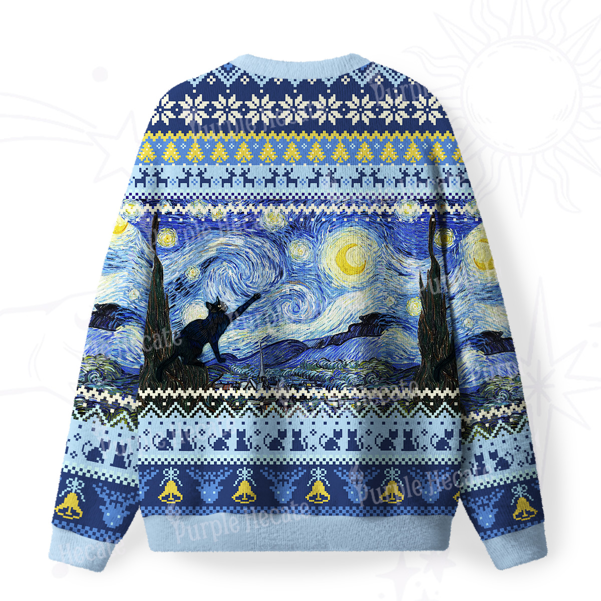 Purplehecate Witch Cat Under the Starry Night Fuzzy Ugly Christmas Sweatshirt