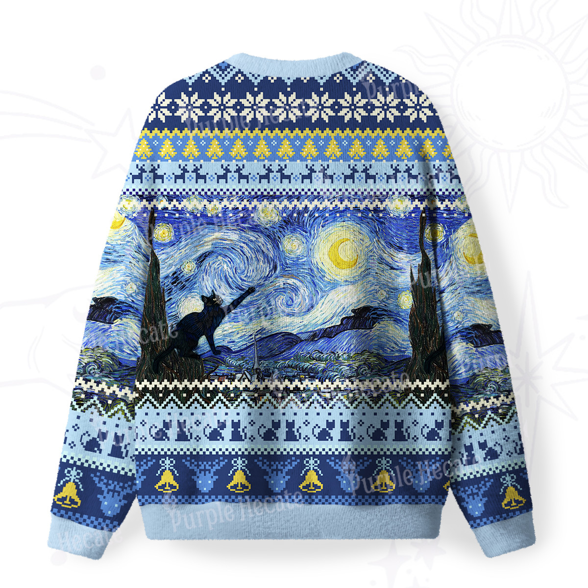 Purplehecate Witch Cat Under the Starry Night Fuzzy Ugly Christmas Sweatshirt