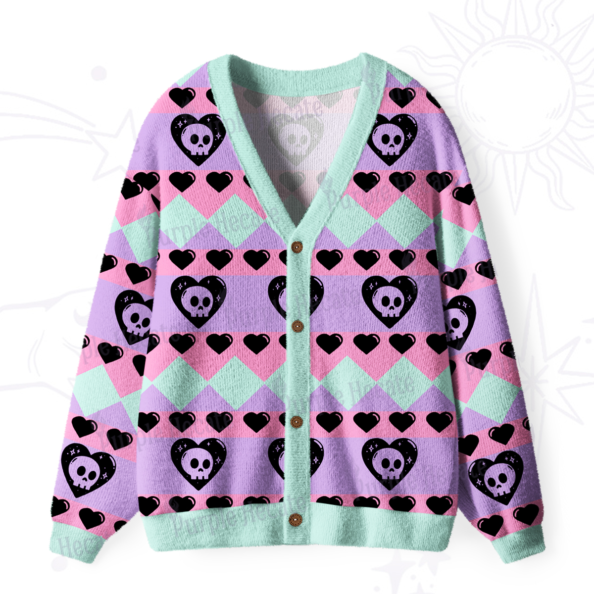 Purplehecate Sweet Yet Spooky Skull Heart Ugly Cardigan Sweaters