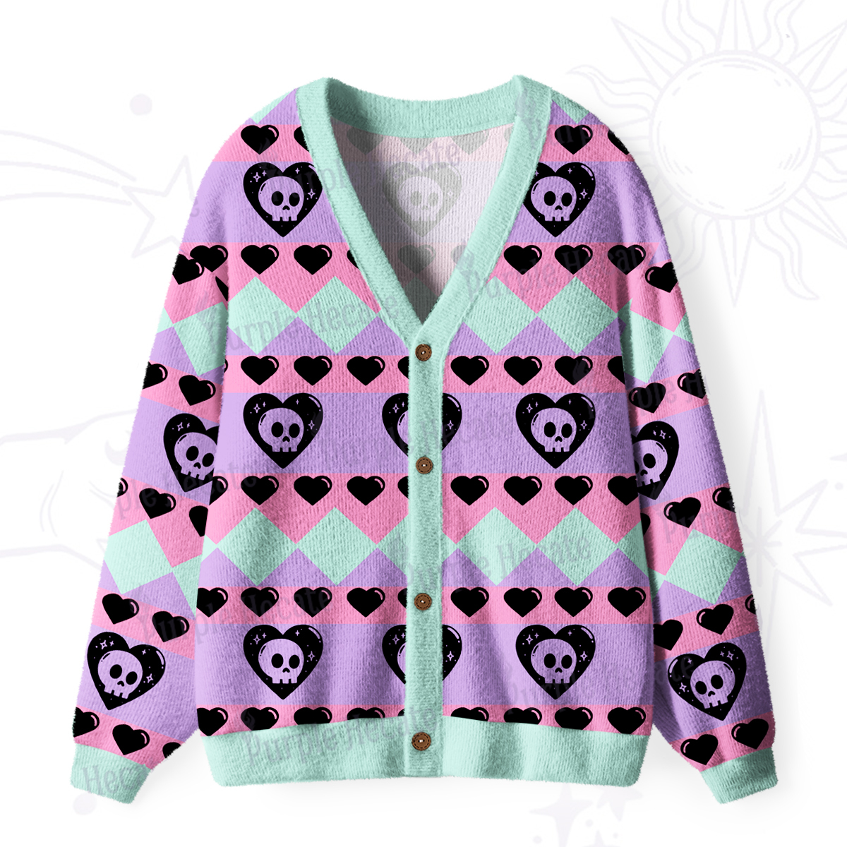 Purplehecate Sweet Yet Spooky Skull Heart Ugly Cardigan Sweaters
