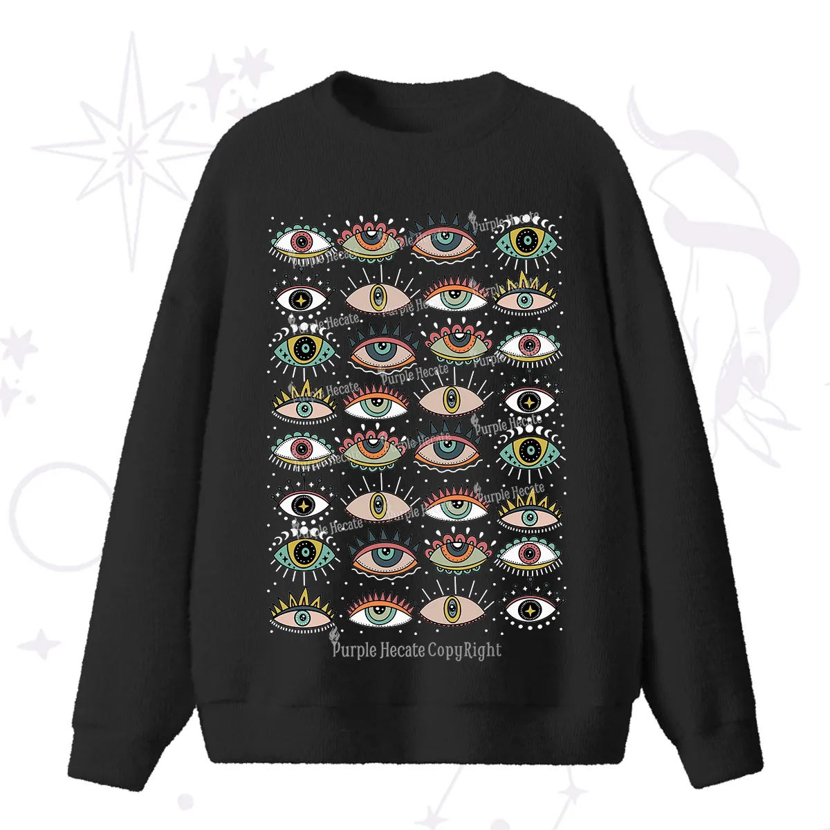 Purplehecate Evil Eye Pattern Fuzzy Ugly Sweater