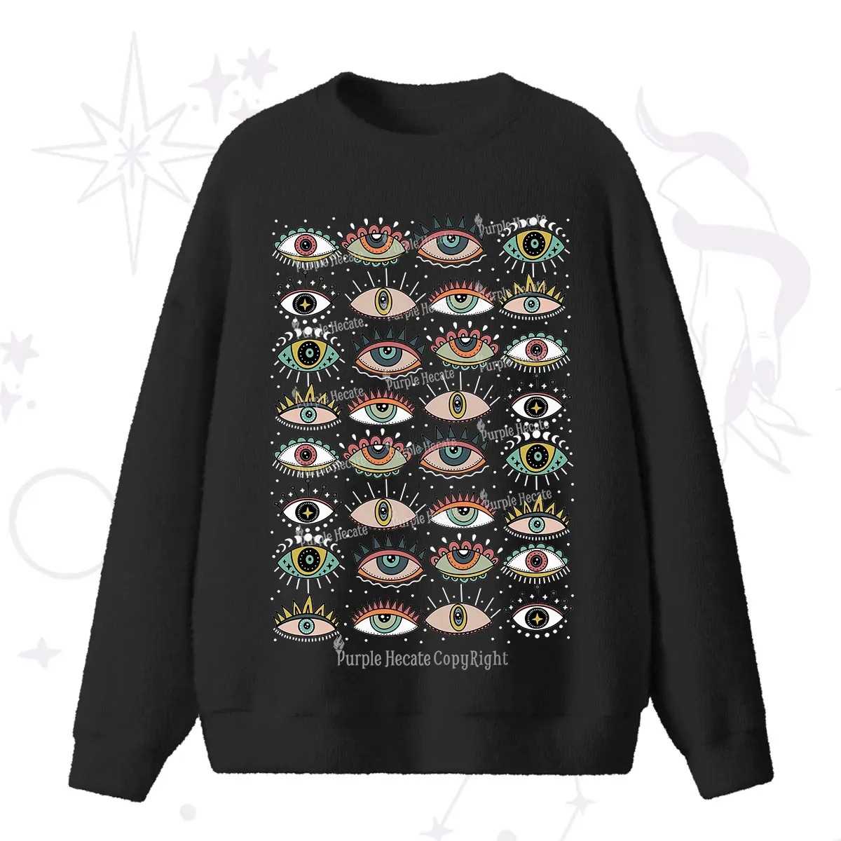 Purplehecate Evil Eye Pattern Fuzzy Ugly Sweater
