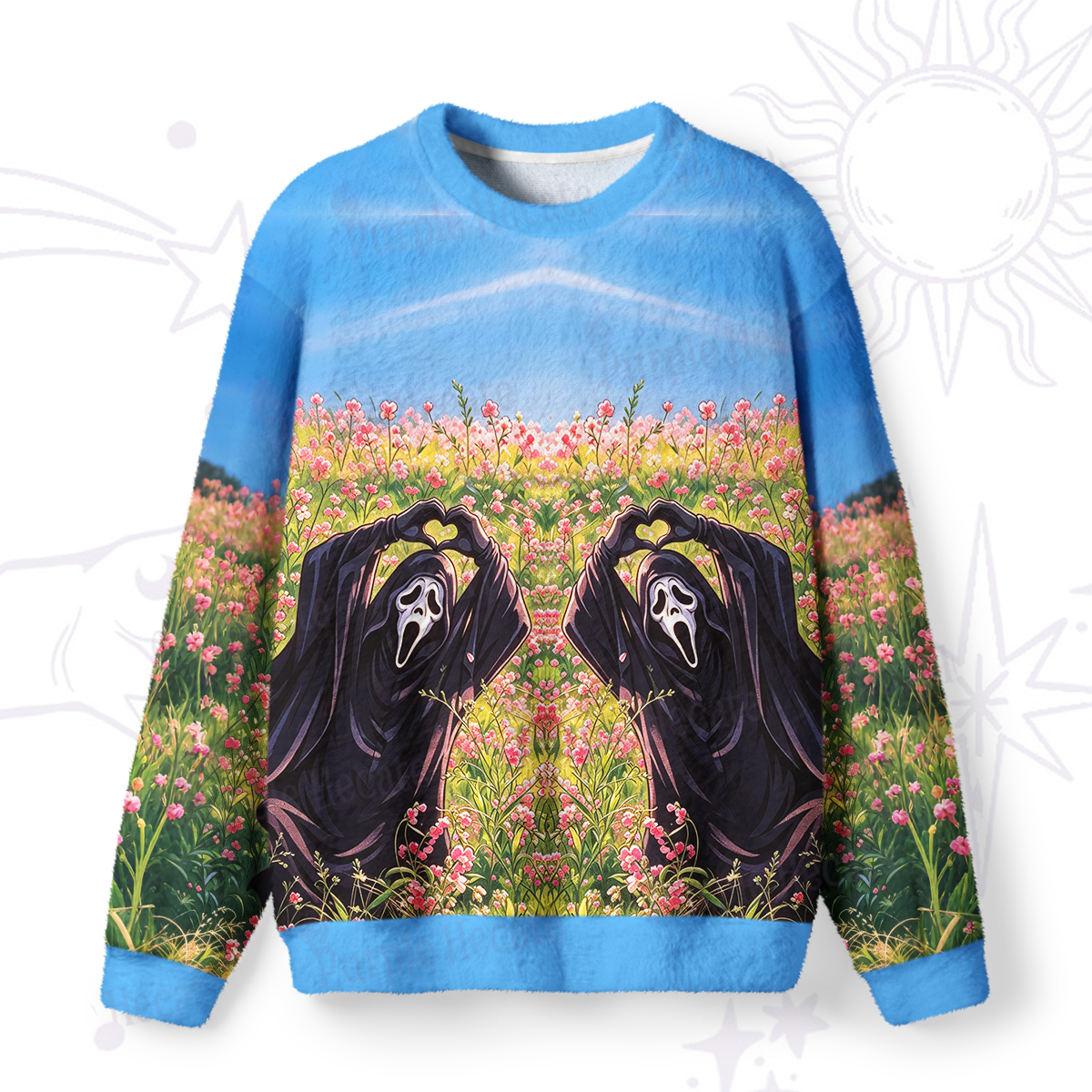 Purplehecate Flower Field Ghost Face Heart Hands Fuzzy Ugly Sweatshirt