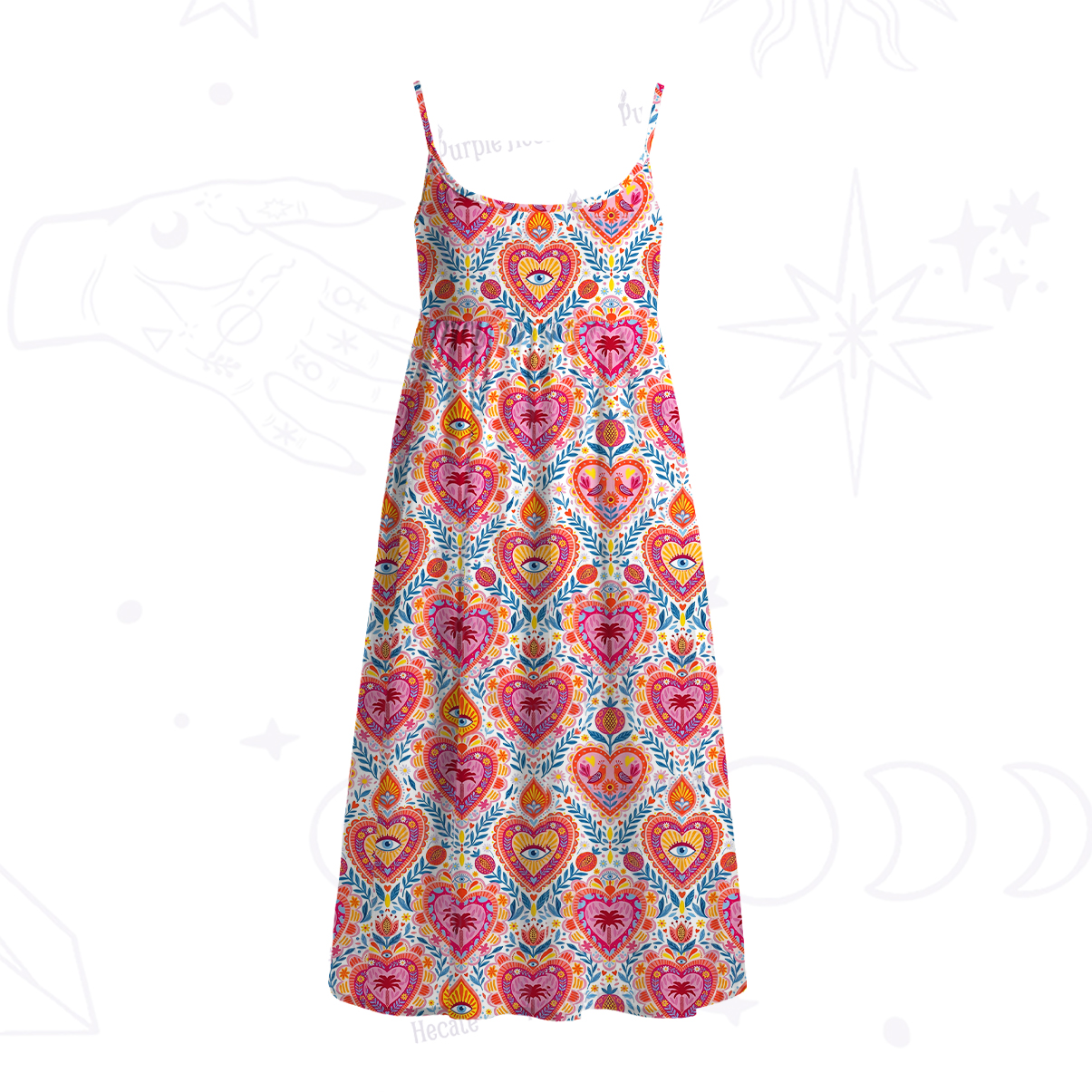 Purplehecate Flaming Hearts Spaghetti Strap Midi Dress