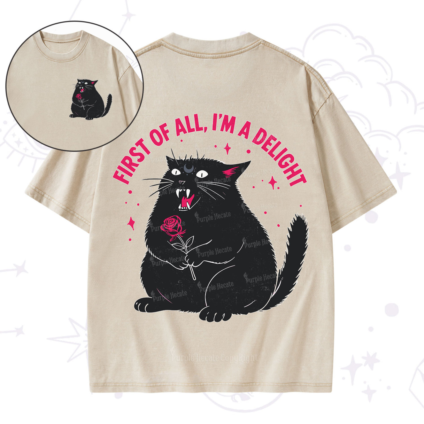 Purplehecate First Of All I'm A Delight Cat Washed T-Shirt