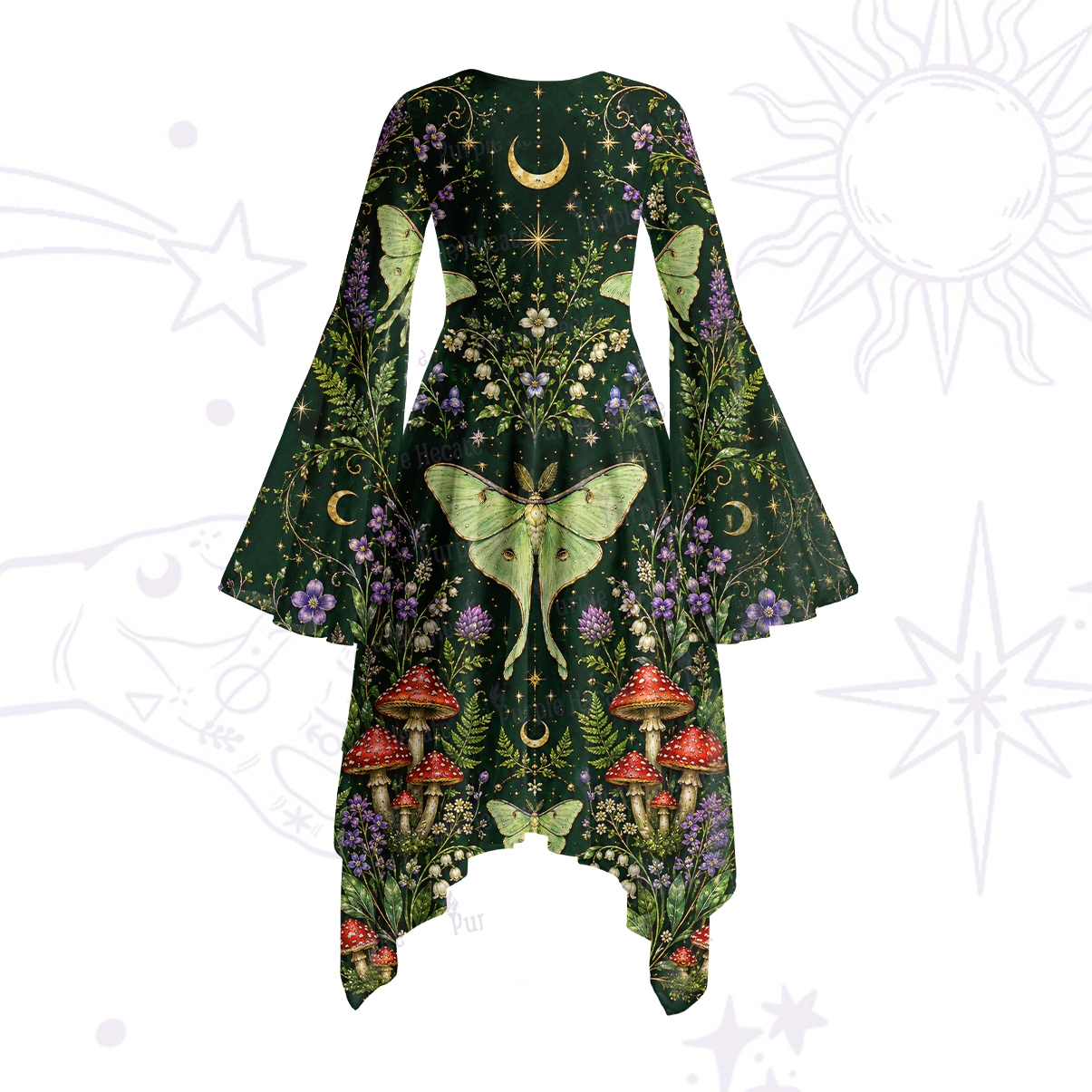 Purplehecate Moonlit Forest Moth Magic Bell Sleeve Dress