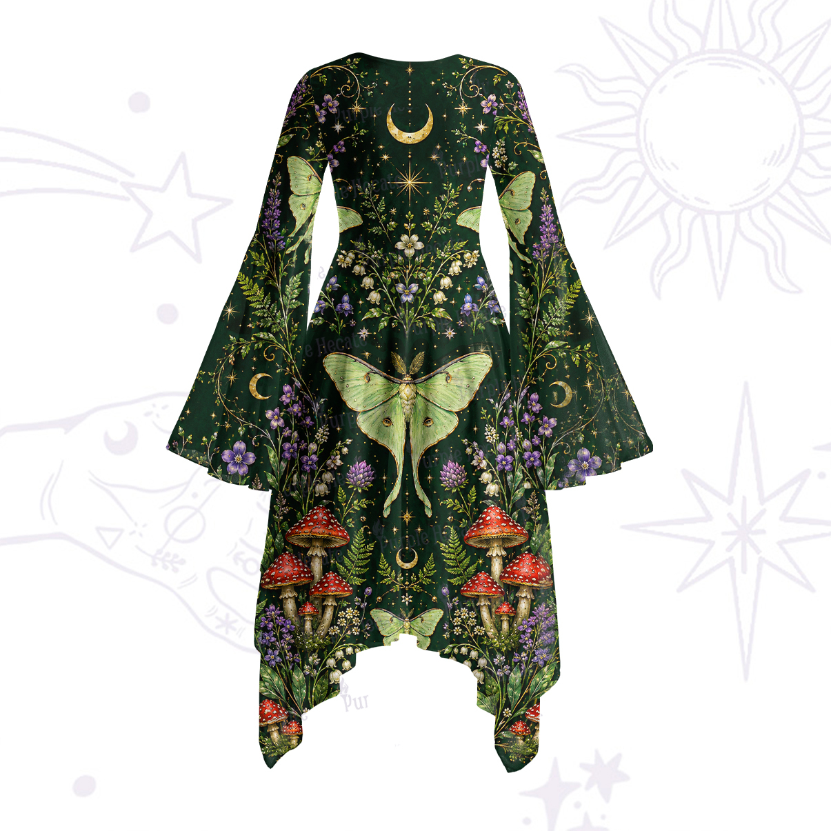 Purplehecate Moonlit Forest Moth Magic Bell Sleeve Dress