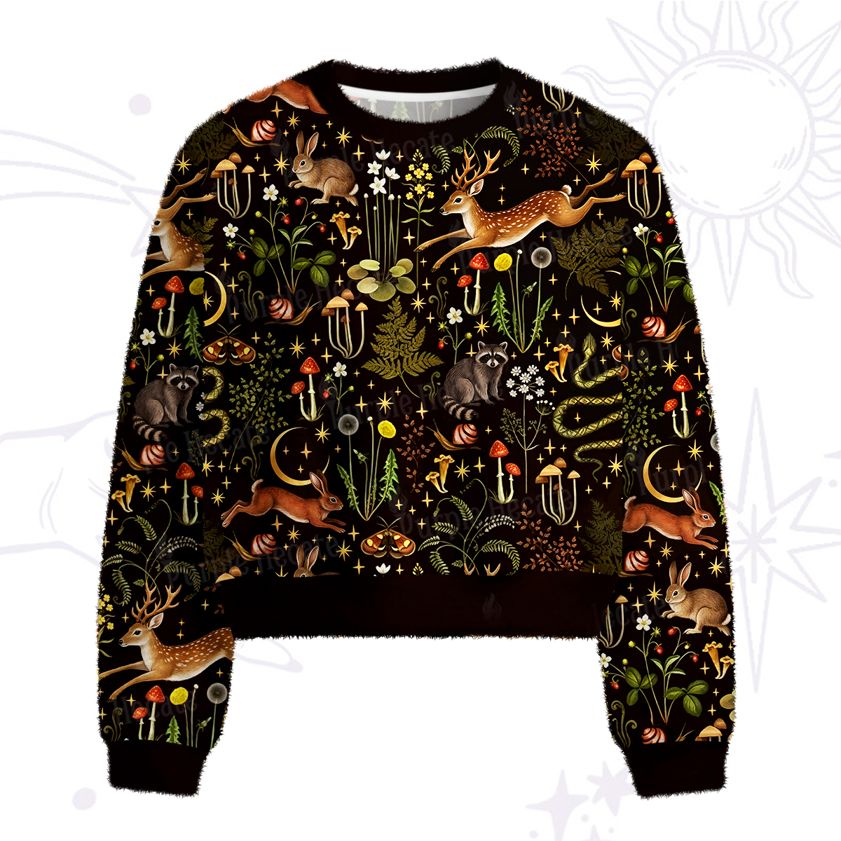 Purplehecate Enchanted Forest Animals Fuzzy Crewneck Sweater