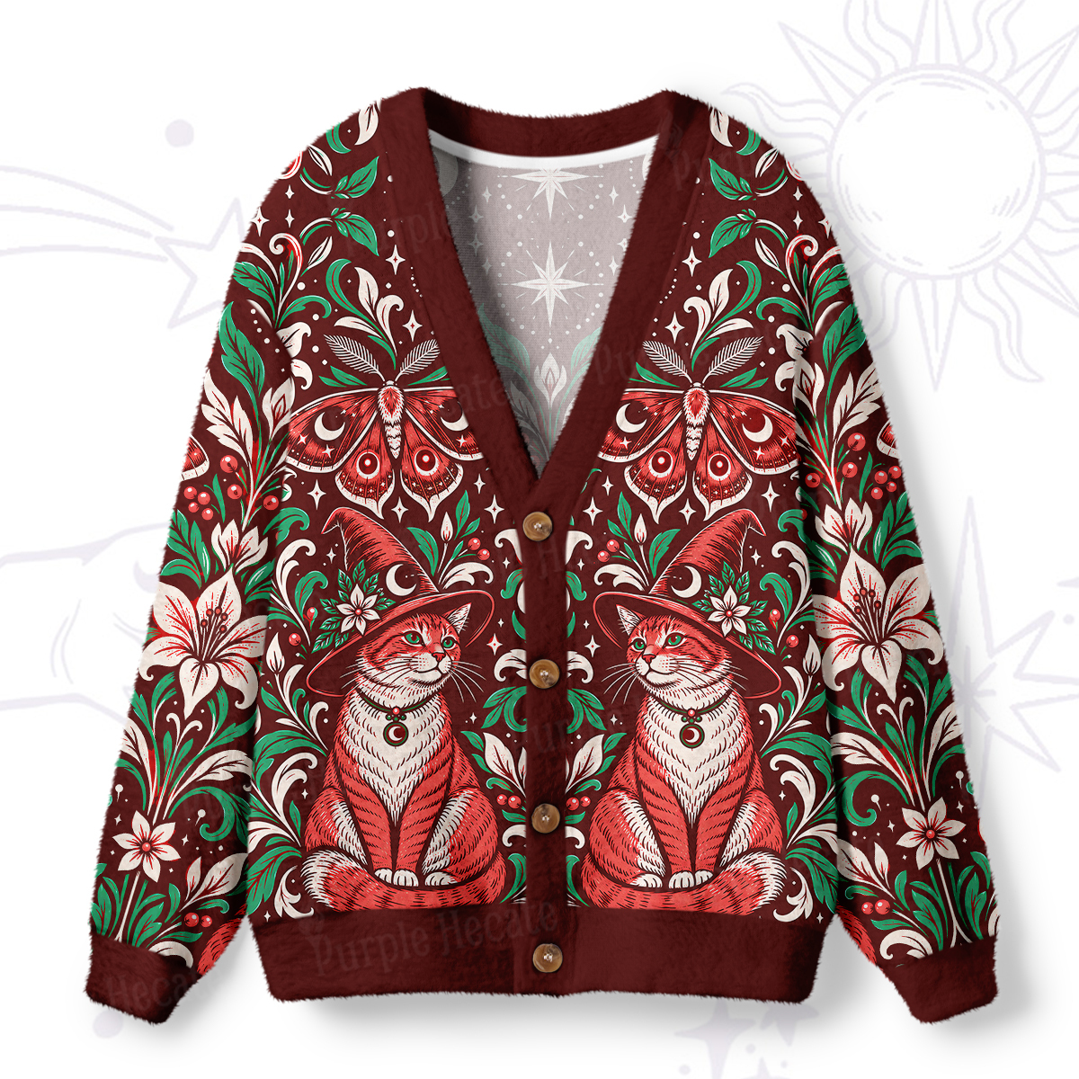 Purplehecate Mystic Forest Floral Cat Ugly Cardigan Sweaters