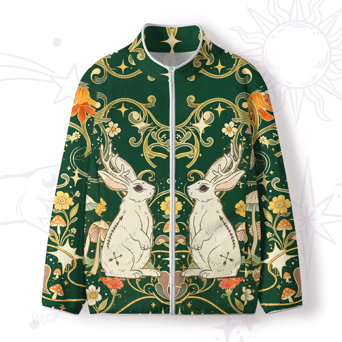 Purplehecate Antlered White Rabbit Secret Forest Zip Fleece Jacket