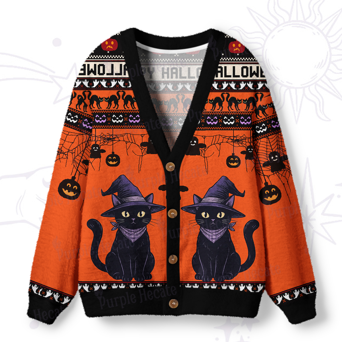 Purplehecate Halloween Black Cat Ugly Cardigan Sweaters