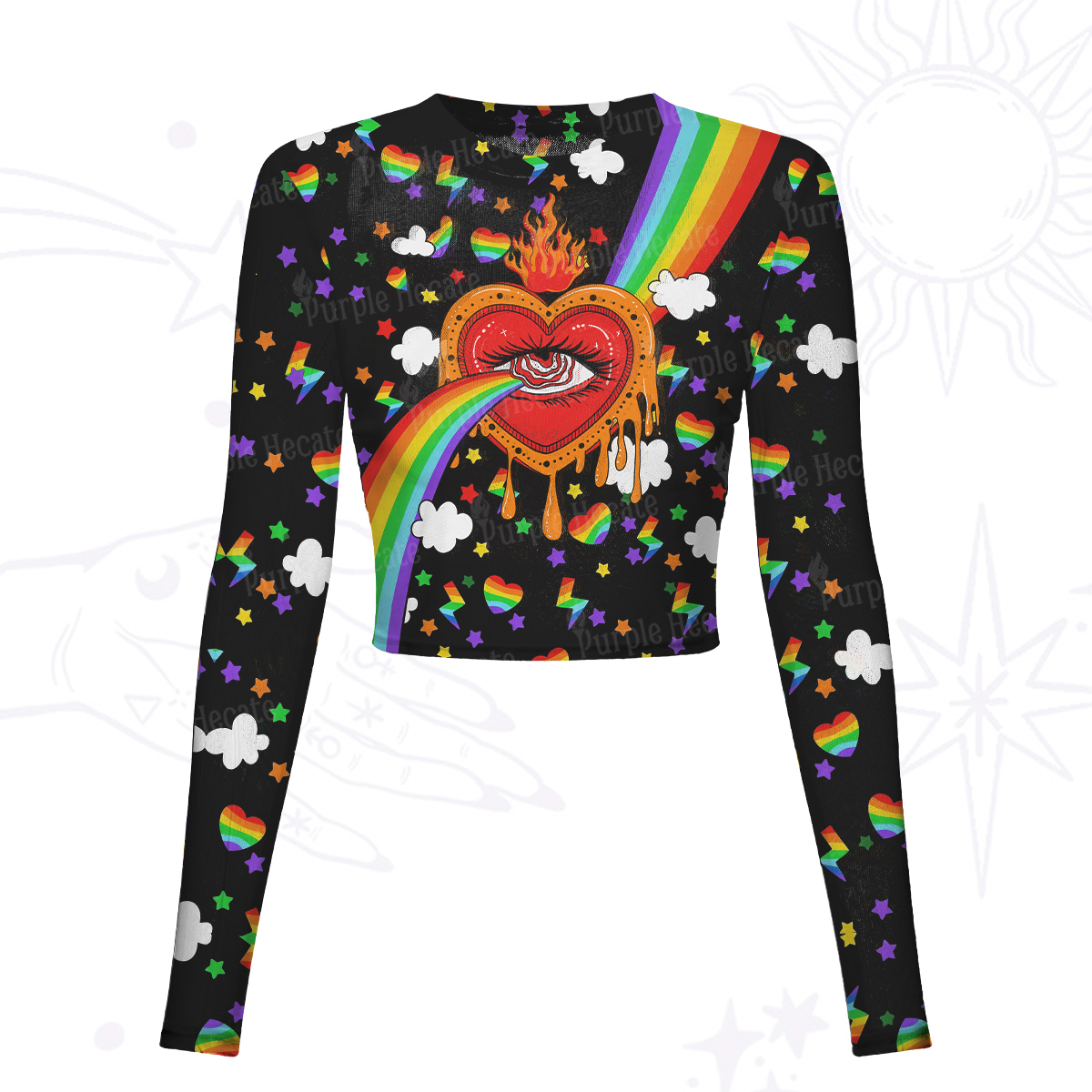 Purplehecate Rainbow Sacred Heart All Seeing Eye Pride Mesh Long Sleeve Crop Top