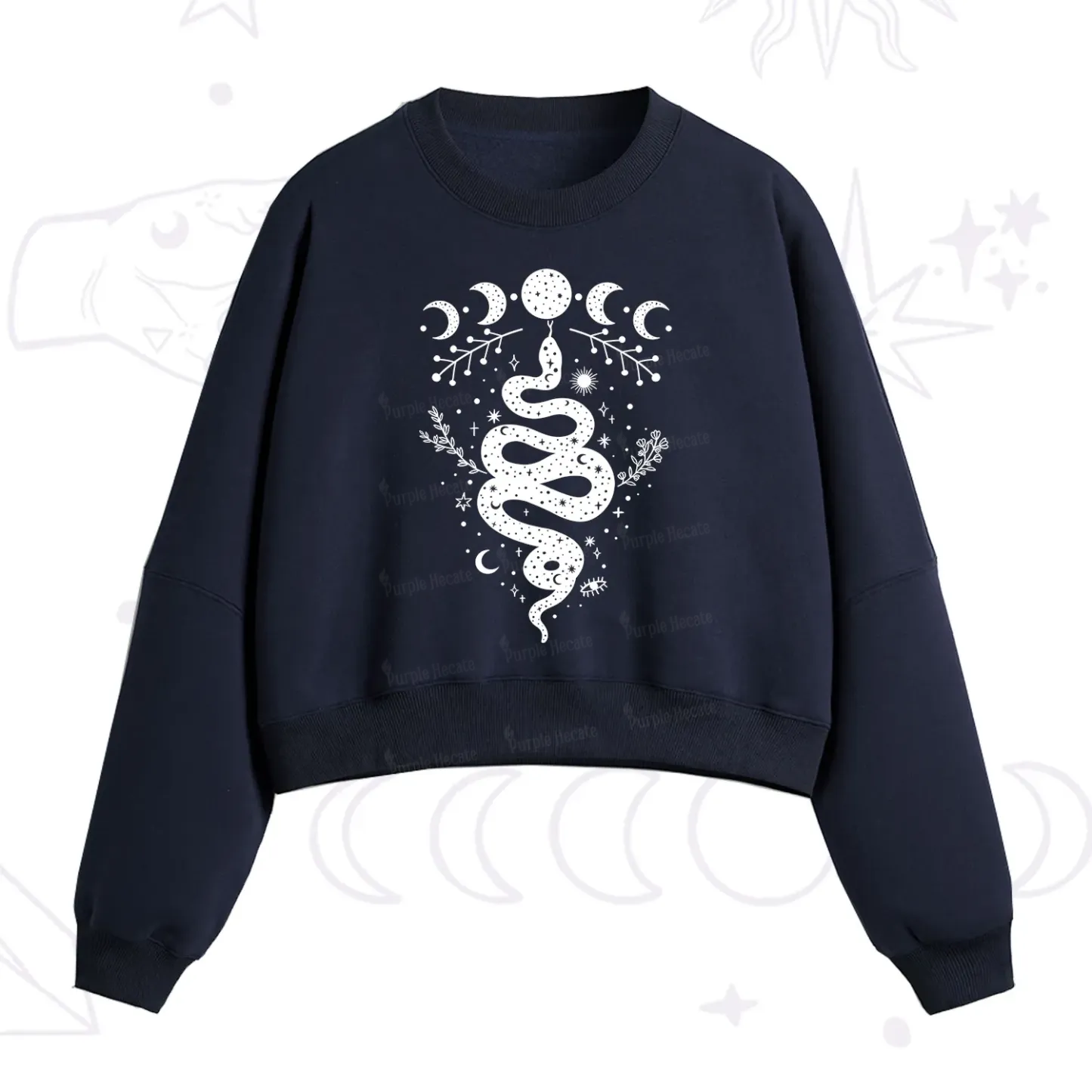 Purplehecate Snake And Moon Phase Comfort Fleece Cropped Sweatshirt