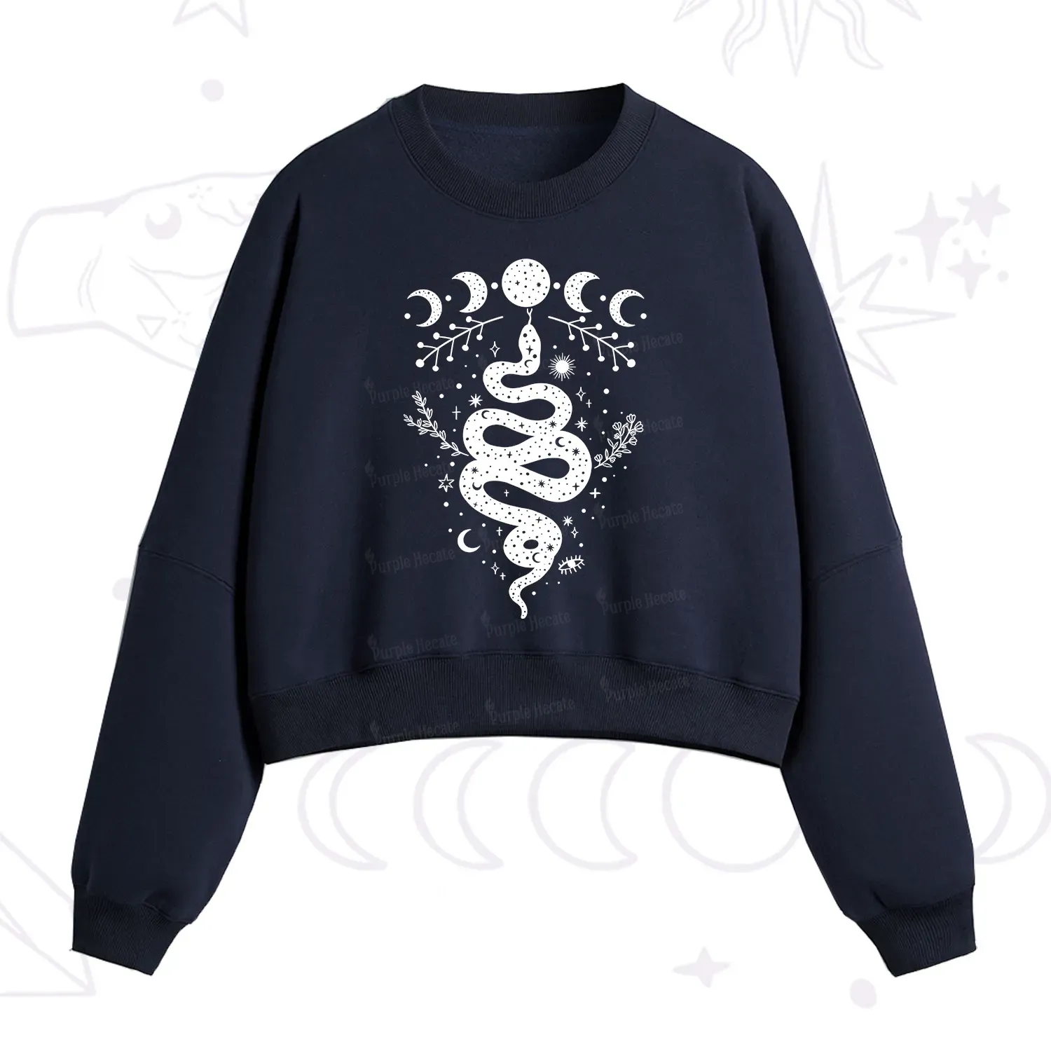 Purplehecate Snake And Moon Phase Comfort Fleece Cropped Sweatshirt