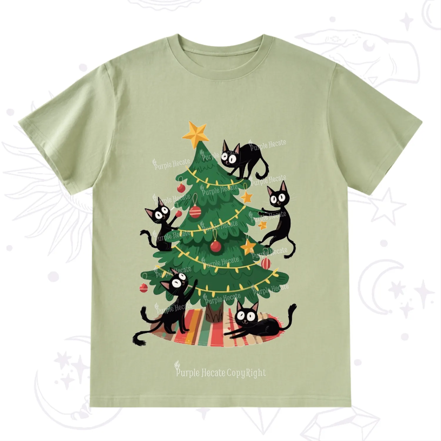 Purplehecate Black Cat in Tree Christmas T-Shirt