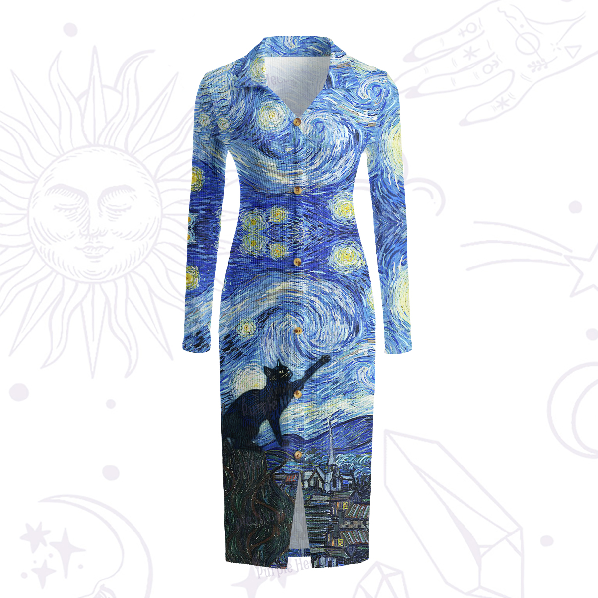 Purplehecate Witch Cat Under the Starry Night Ribbed Knit Dress