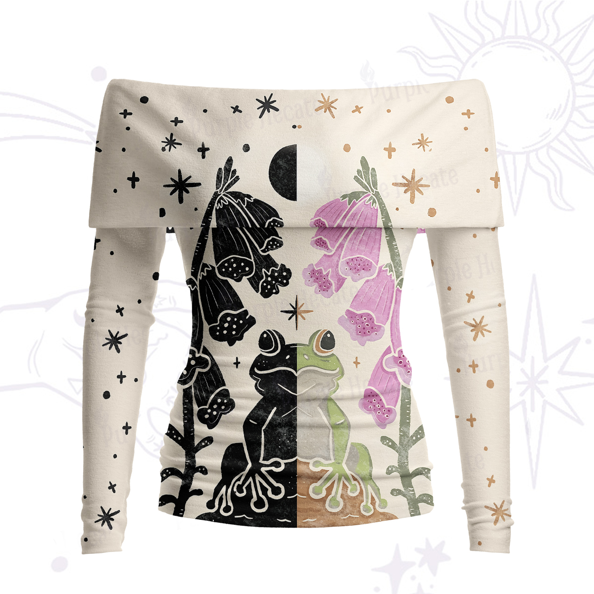 Purplehecate Dual-Tone Frog Garden Off Shoulder Long Sleeve Knit Top