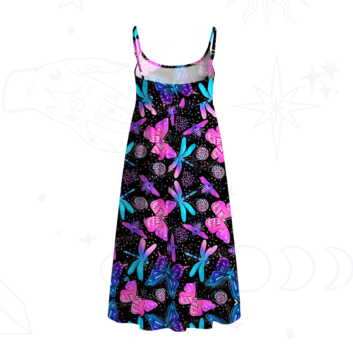Purplehecate Neon Butterfly Dragonfly Spaghetti Strap Midi Dress