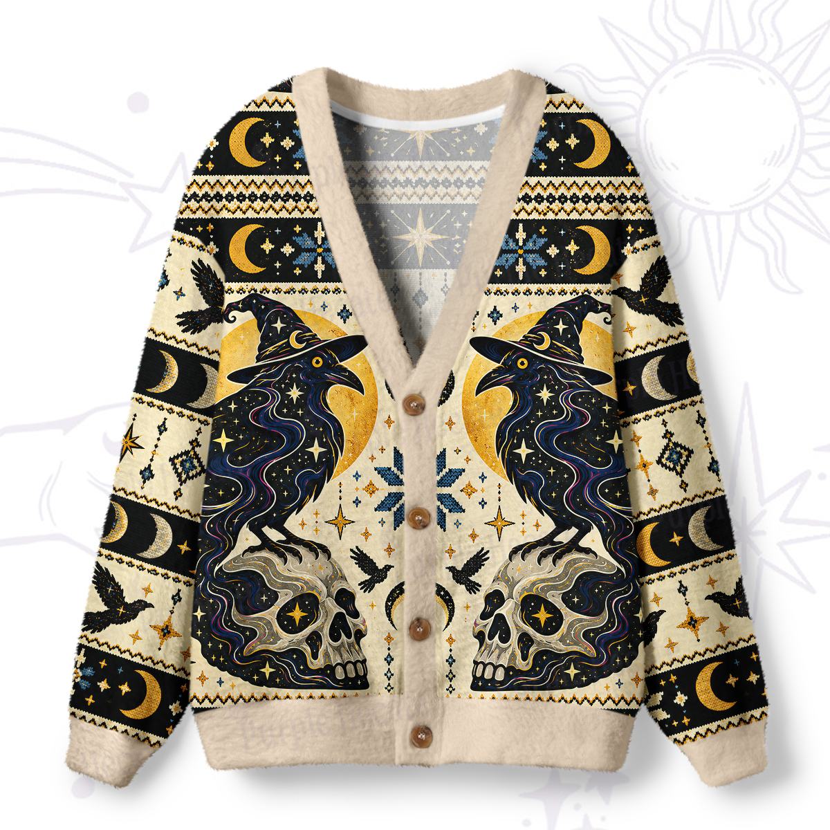 Purplehecate Moonlit Magic Raven Ugly Cardigan Sweaters