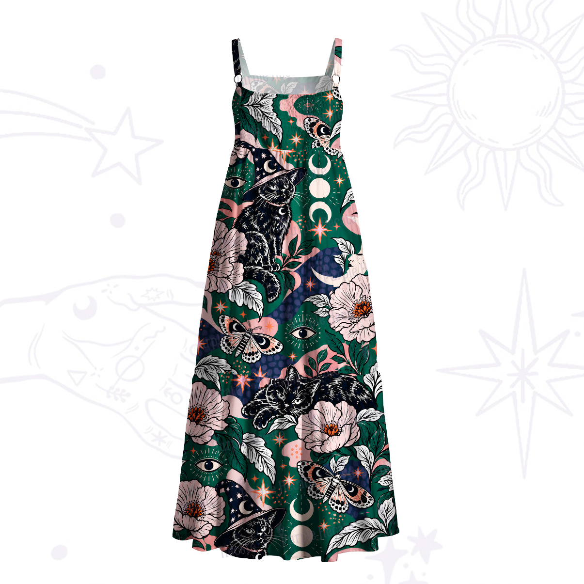 Purplehecate Witch Cat Moon Wide Straps Maxi Dress