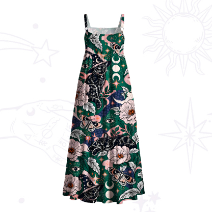 Purplehecate Witch Cat Moon Wide Straps Maxi Dress