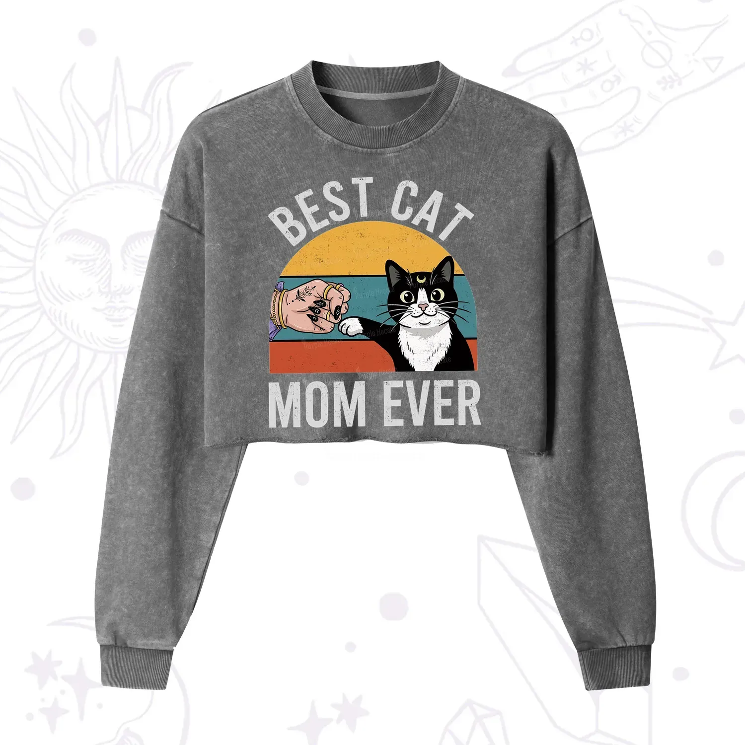 Purplehecate Best Cat Mom Ever Cropped Washed Sweatshirt