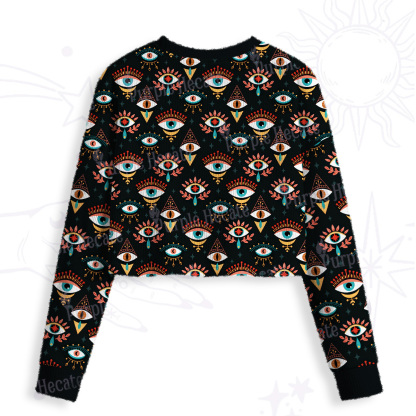 Purplehecate Evil Eye Pattern Crop Fuzzy Ugly Sweatshirt