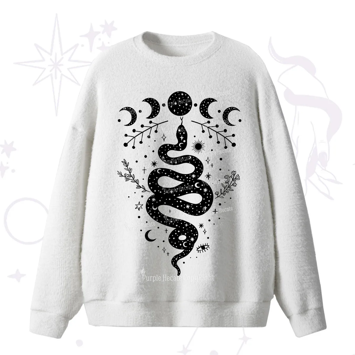 Purplehecate Snake And Moon Phase Comfort Fuzzy Ugly Sweater