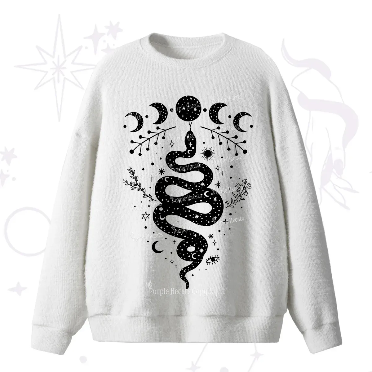 Purplehecate Snake And Moon Phase Comfort Fuzzy Ugly Sweater