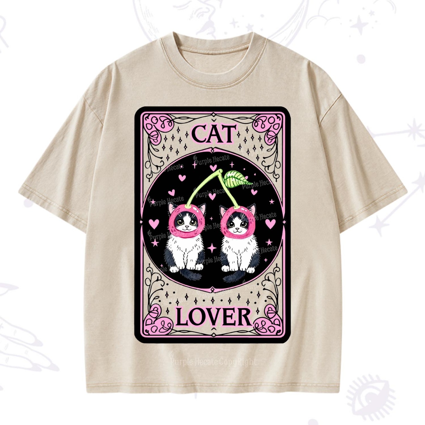 Purplehecate The Lovers Cherry Cat Tarot Washed T-Shirt