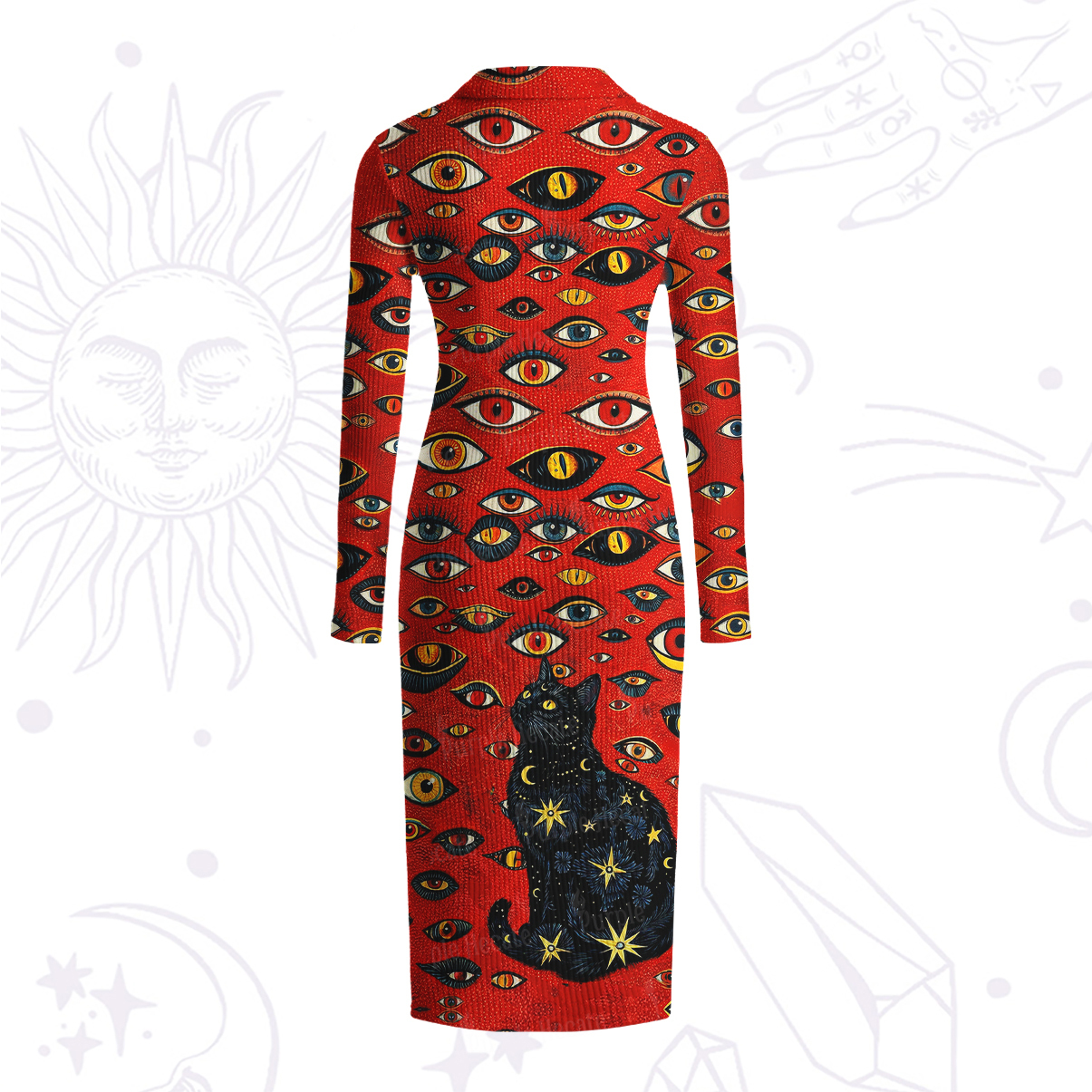 Purplehecate Cosmic Watcher Cat Ribbed Knit Dress