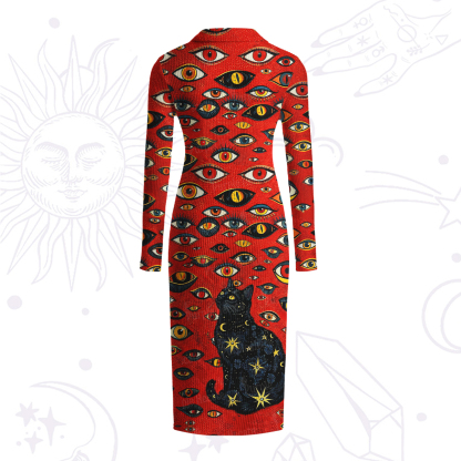 Purplehecate Cosmic Watcher Cat Ribbed Knit Dress