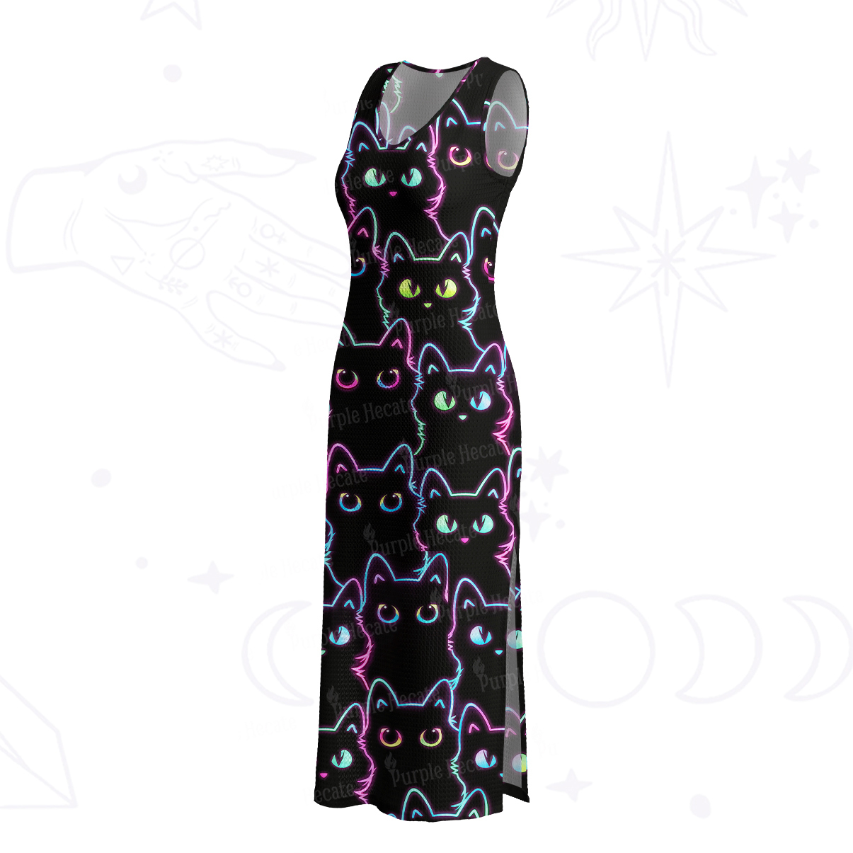 Purplehecate Neon Glow Stacked Cats Crochet Knit Maxi Dress