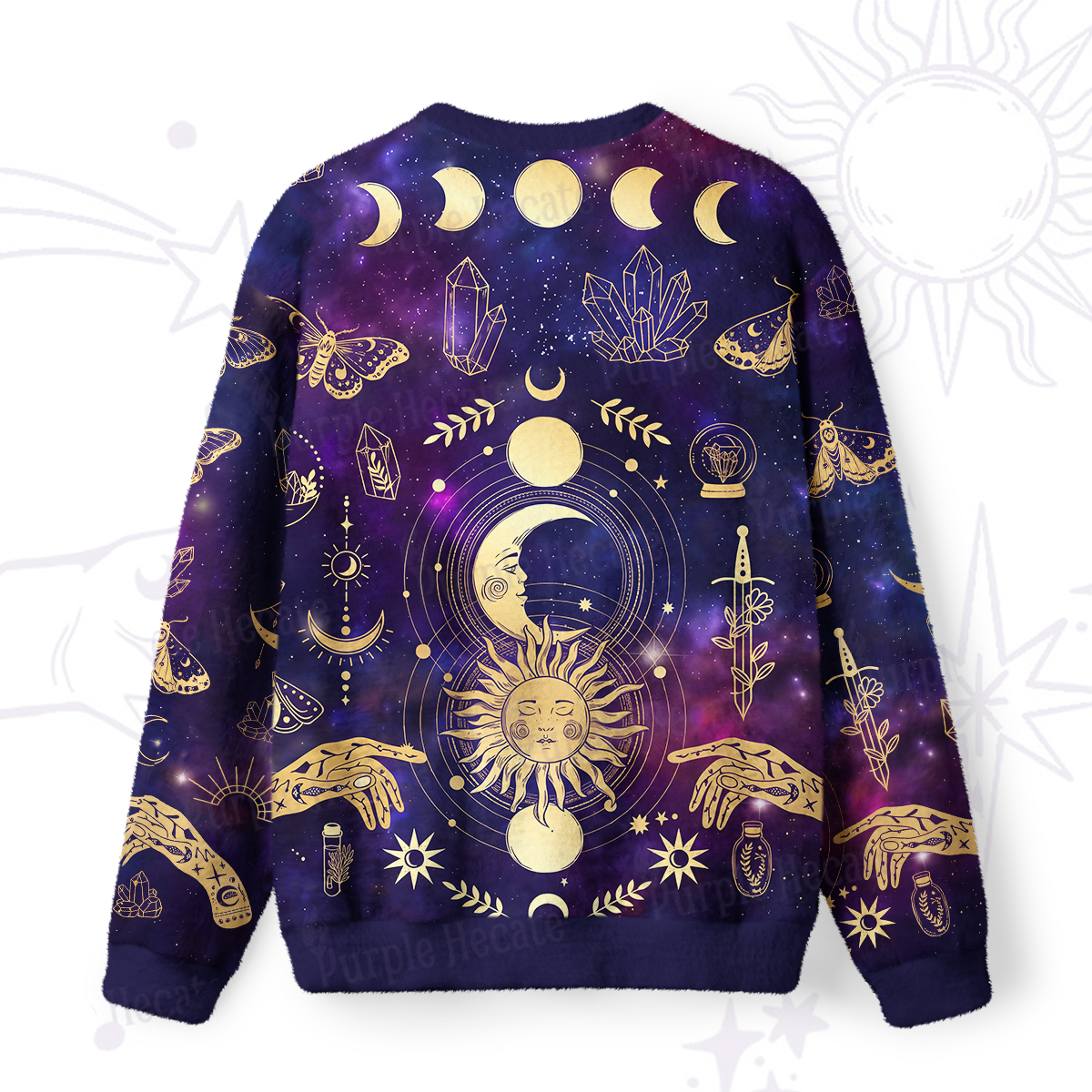 Purplehecate Celestial Sun & Moon Mystic Galaxy Fuzzy Ugly Sweatshirt