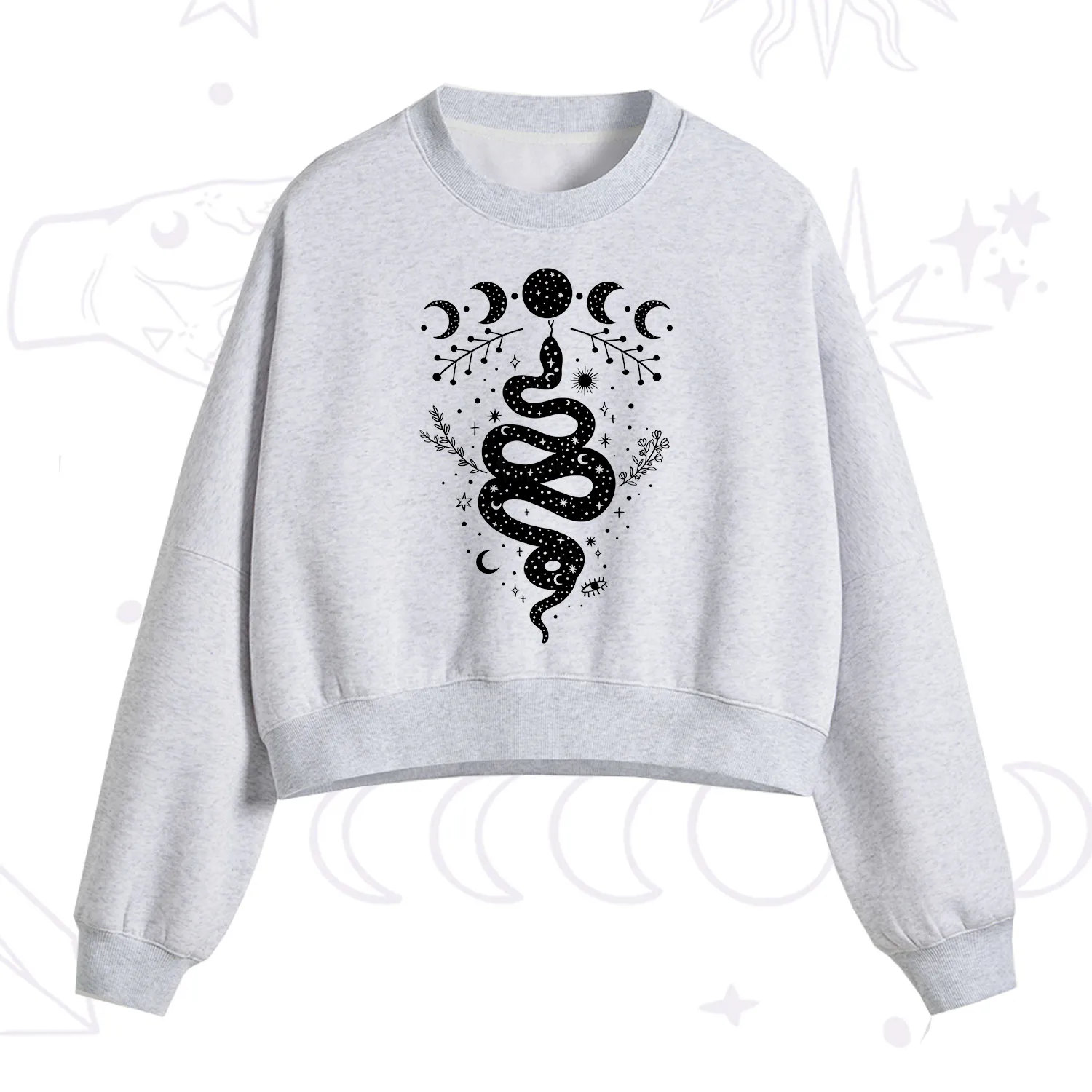 Purplehecate Snake And Moon Phase Comfort Fleece Cropped Sweatshirt