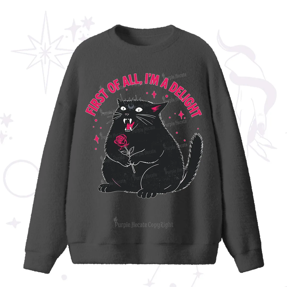 Purplehecate First Of All I'm A Delight Cat Fuzzy Ugly Sweater