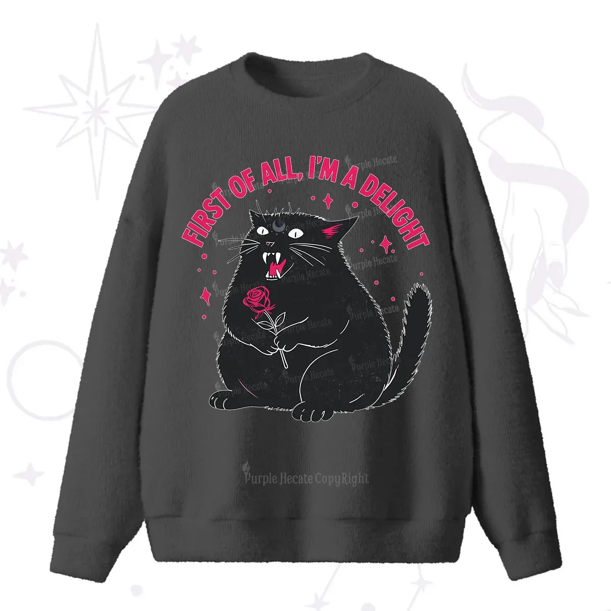 Purplehecate First Of All I'm A Delight Cat Fuzzy Ugly Sweater